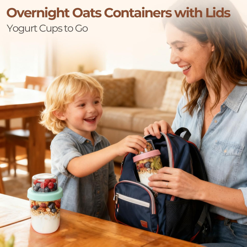 ComSaf Overnight Oats jars with Lids （16oz+4oz 4Pcs）, Dual-Laryer Chia Pudding Jars with Dry and Wet Separation, Yogurt Parfait Contianer for Oatmeal Cereal Nut Fruit, Meal Prep Glass Jars for Salad