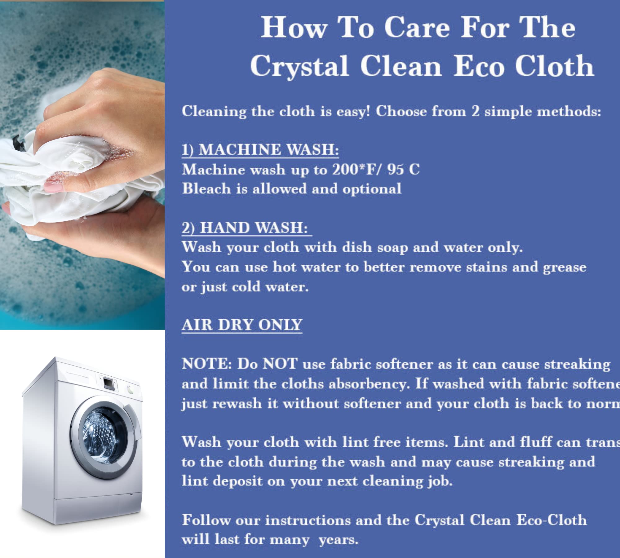 Crystal Clean Eco-Cloth Amazing Lint-Free/Streak-Free/Chemical-Free Microfiber Cloth for Windows & Glass/Mirrors Stainless Steel Appliances TV/Computer/Tablets...5 in a Pack, White, 16''x16''