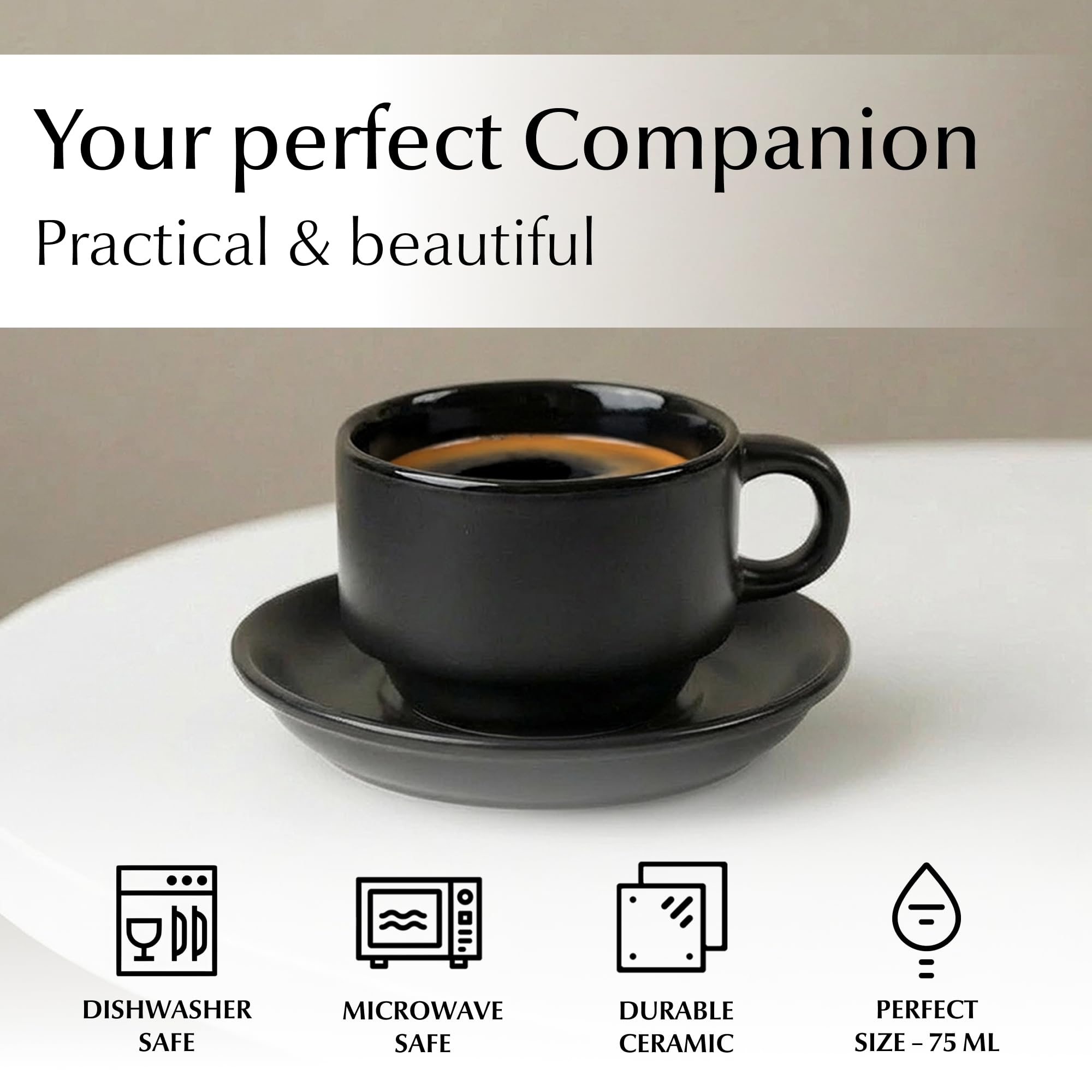 MIAMIO - 75 ml Espresso Cup Set with Saucers Coffee Mug Set of 6 - Ceramic Coffee Mug Stackable Espresso Mug with Stand for Coffee Drinks, Latte, Cafe Mocha - Le Papillon Collection (Black)
