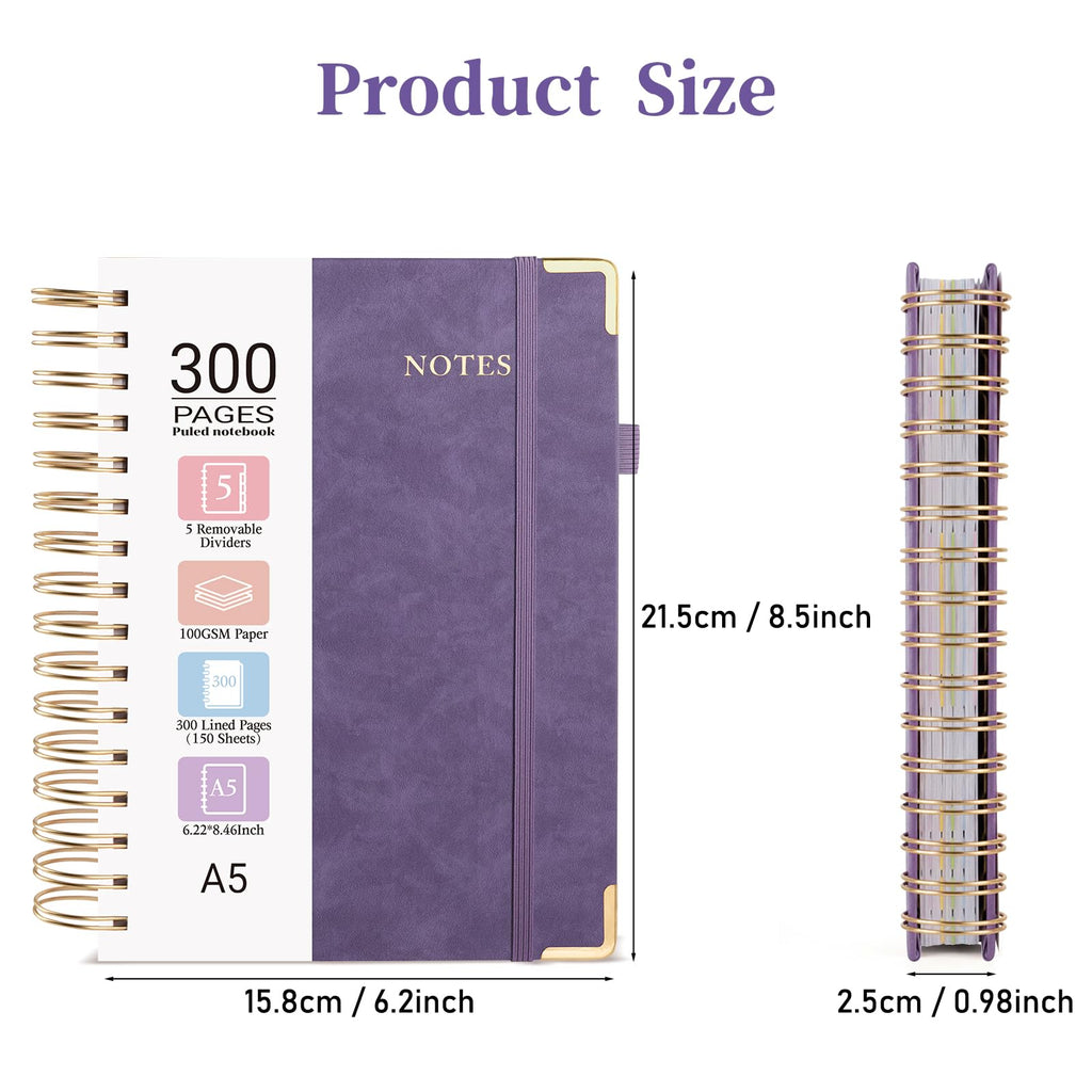 Lined Spiral Journal Notebook, 300 Numbered Pages A5 Size 5 Subject Notebooks College Ruled with Tabs and Removable Dividers, 100GSM Thick Spiral Ruled Lined Writing Journal, Hardcover Leather Notebook for Work, School (Purple)