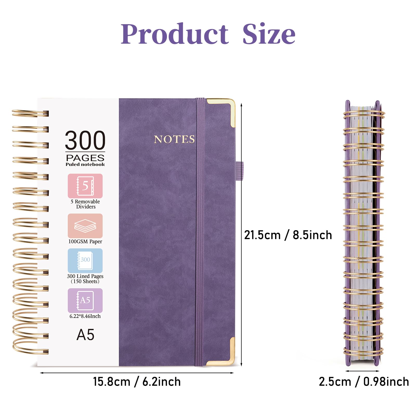 Lined Spiral Journal Notebook, 300 Numbered Pages A5 Size 5 Subject Notebooks College Ruled with Tabs and Removable Dividers, 100GSM Thick Spiral Ruled Lined Writing Journal, Hardcover Leather Notebook for Work, School (Purple)