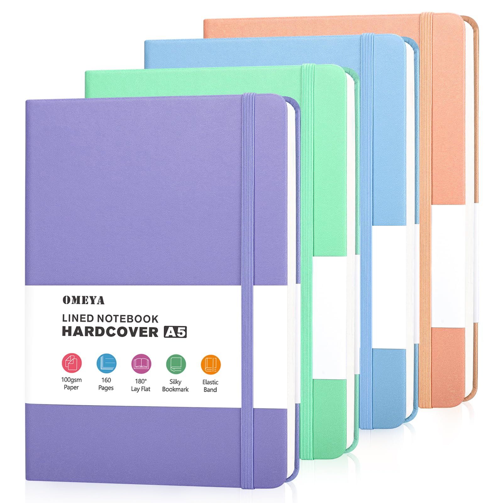 OMEYA 4 Pack Lined Journal Notebooks for Work, 100gsm Thick Paper, 5.7"x 8.3", A5 Notebook Bulk, Leather Journal for Writing, Hardcover Notebooks for School, Office, Notebooks for Notes-taking