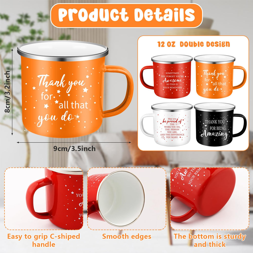 4 Pcs 12 oz Inspirational Enamel Coffee Mug Gift Thank You Gifts Motivational Camping Coffee Mugs Drinking Cup Employee Appreciation Gifts for Volunteer Staff Coworker Team Teacher Nurse Favors