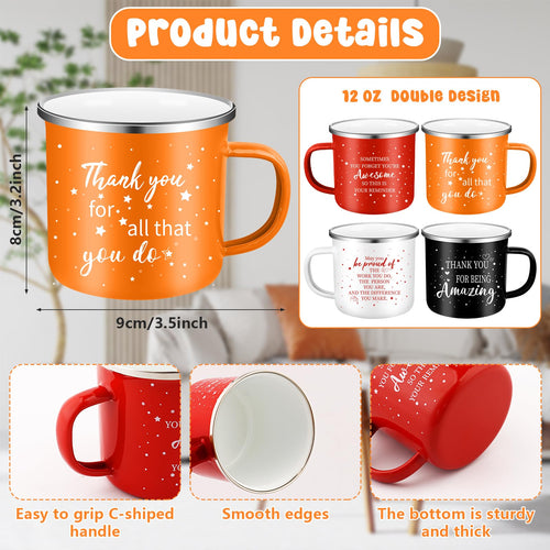 4 Pcs 12 oz Inspirational Enamel Coffee Mug Gift Thank You Gifts Motivational Camping Coffee Mugs Drinking Cup Employee Appreciation Gifts for Volunteer Staff Coworker Team Teacher Nurse Favors