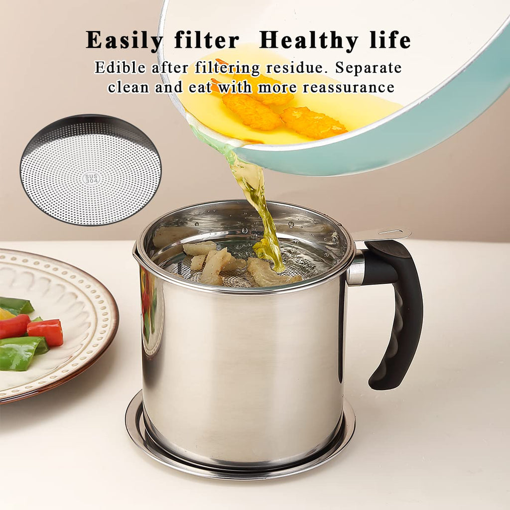 Kyraton Bacon Grease Container with Strainer, 48 oz Stainless Steel Oil Container, Pot Fat Storage with Lid, Easy Grip Handle Suitable for Storing Frying Oil and Cooking Grease