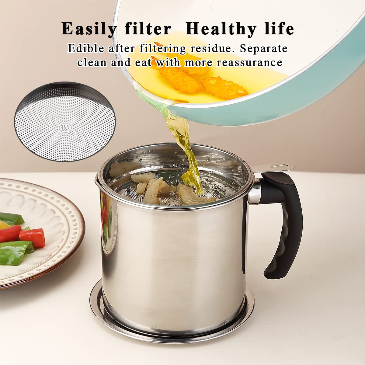 Kyraton Bacon Grease Container with Strainer, 48 oz Stainless Steel Oil Container, Pot Fat Storage with Lid, Easy Grip Handle Suitable for Storing Frying Oil and Cooking Grease