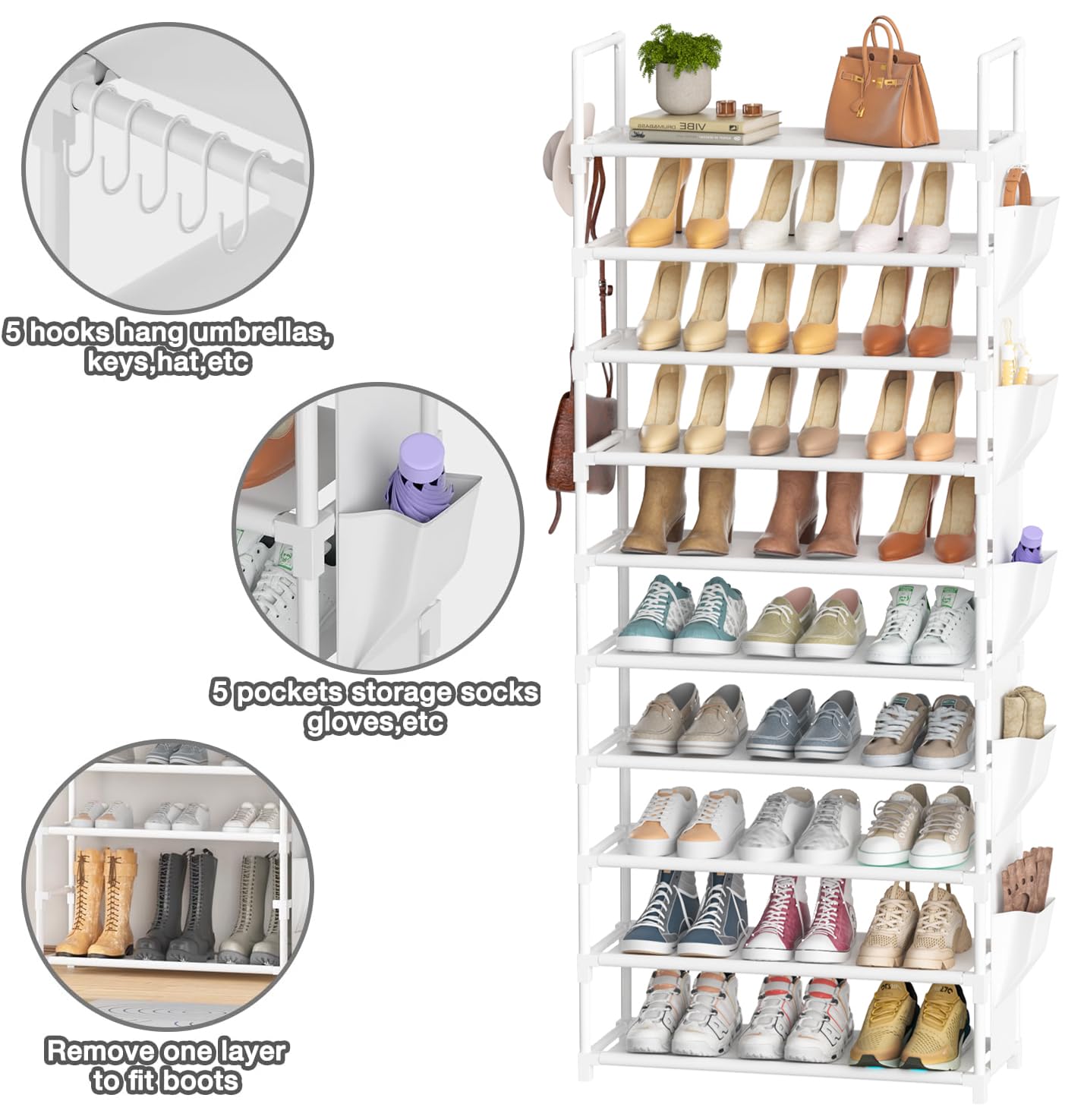 Tall Shoe Rack 10 Tier Shoe Racks Organizer for Closet 30-35 Pairs,Large Capacity Storage Rack for Shoes with 5 Hooks and Side Pocket,Sturdy Metal Shoe Shelf, Vertical Shoe Stand Tower