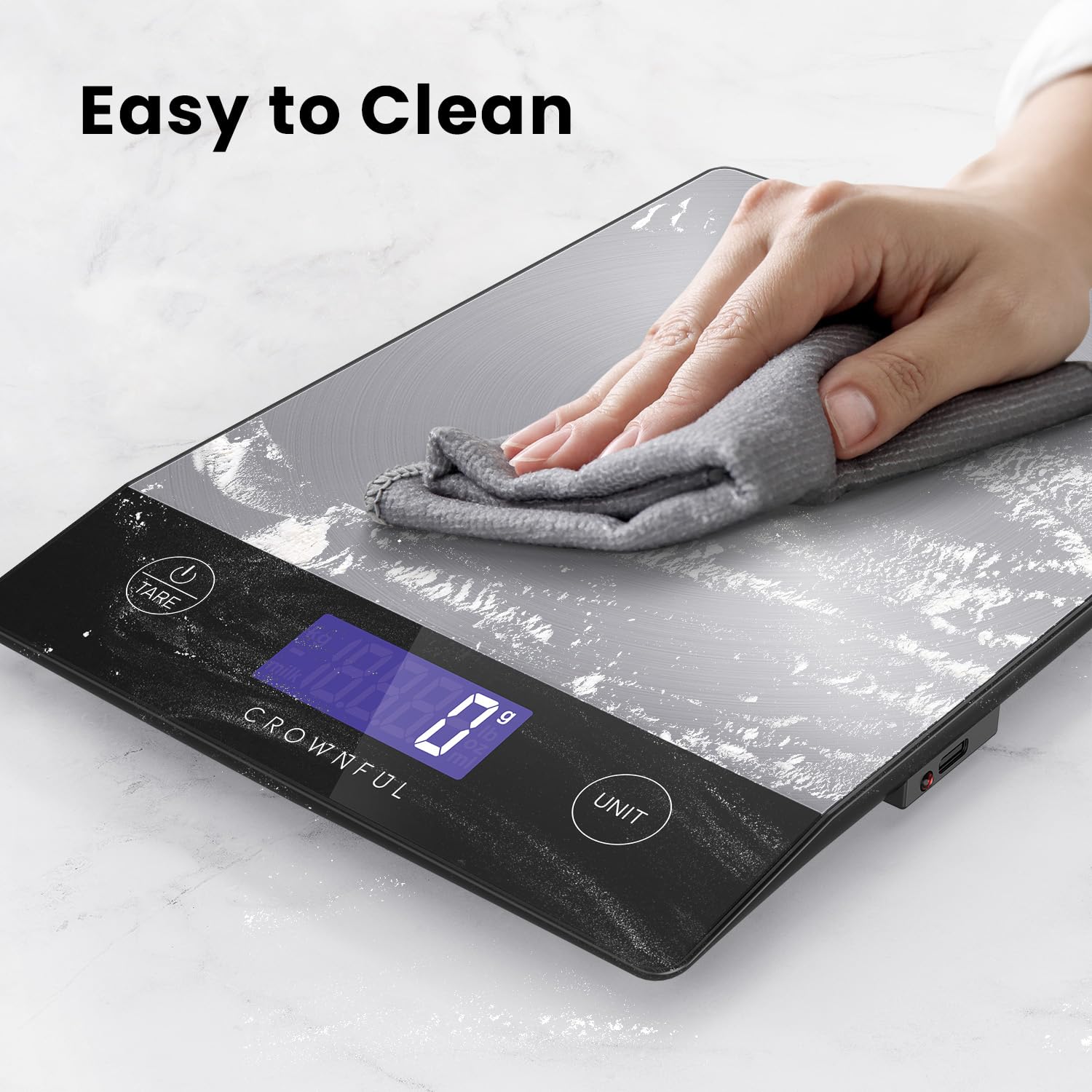 CROWNFUL Food Scale, Rechargeable 304 Stainless Steel Digital Kitchen Scale Upto 33lb Weight Grams and Ounces with LCD Display and Type-C Charging for Baking and Cooking