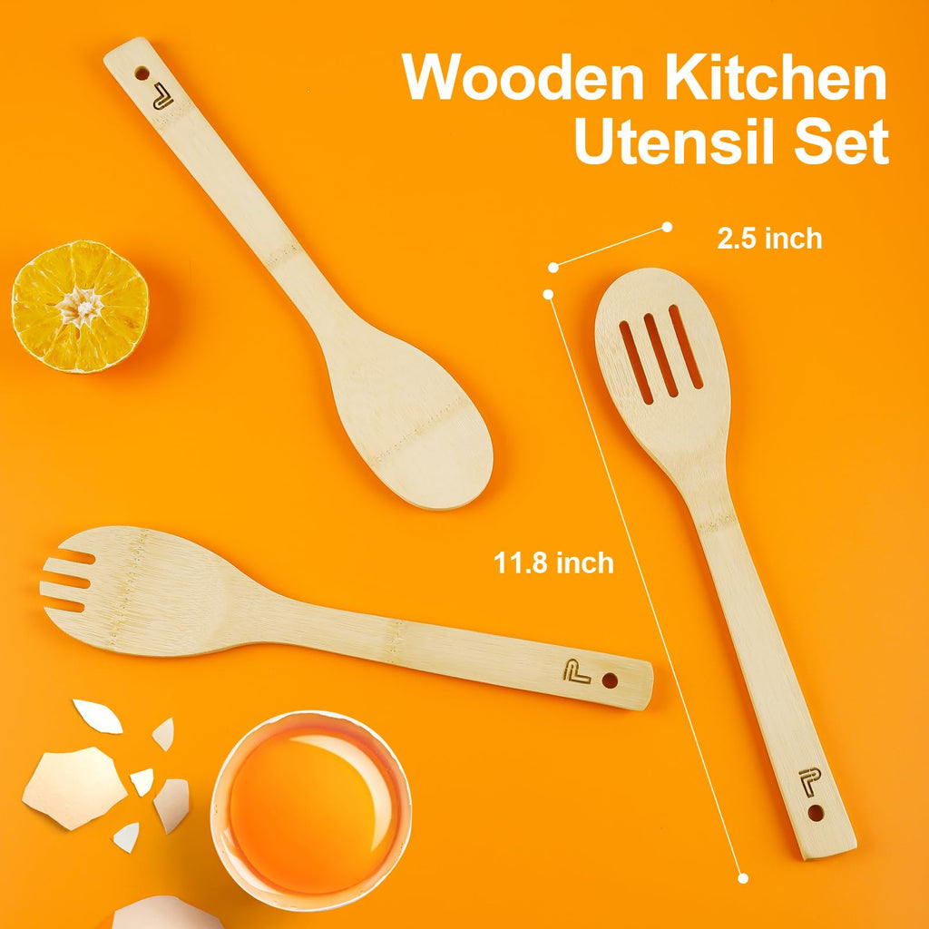 Puluole Wooden Utensils for Cooking - 6 Piece Wooden Spoons for Cooking,Premium Wood Spatula for Cooking,Non-Stick Wooden Cooking Utensil Set,Organic Bamboo Utensils,Kitchen Gifts for Women
