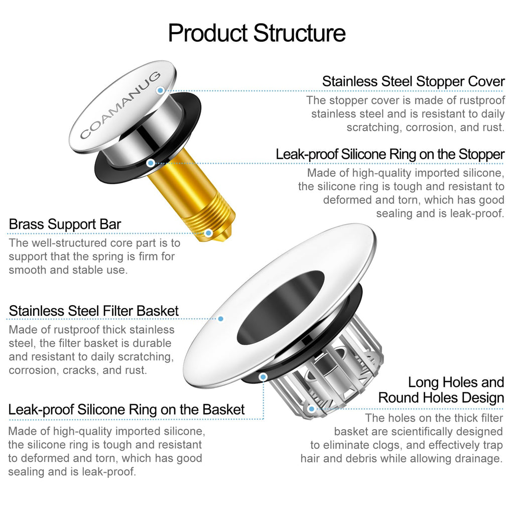 coamanug Bathtub Stopper | Shower Drain Hair Catcher, Pop-up Tub Stopper with Strainer | Bathroom Drain Plug | Drain Protector for 1-1/2 to 1-3/4"" Bath Drain Hole