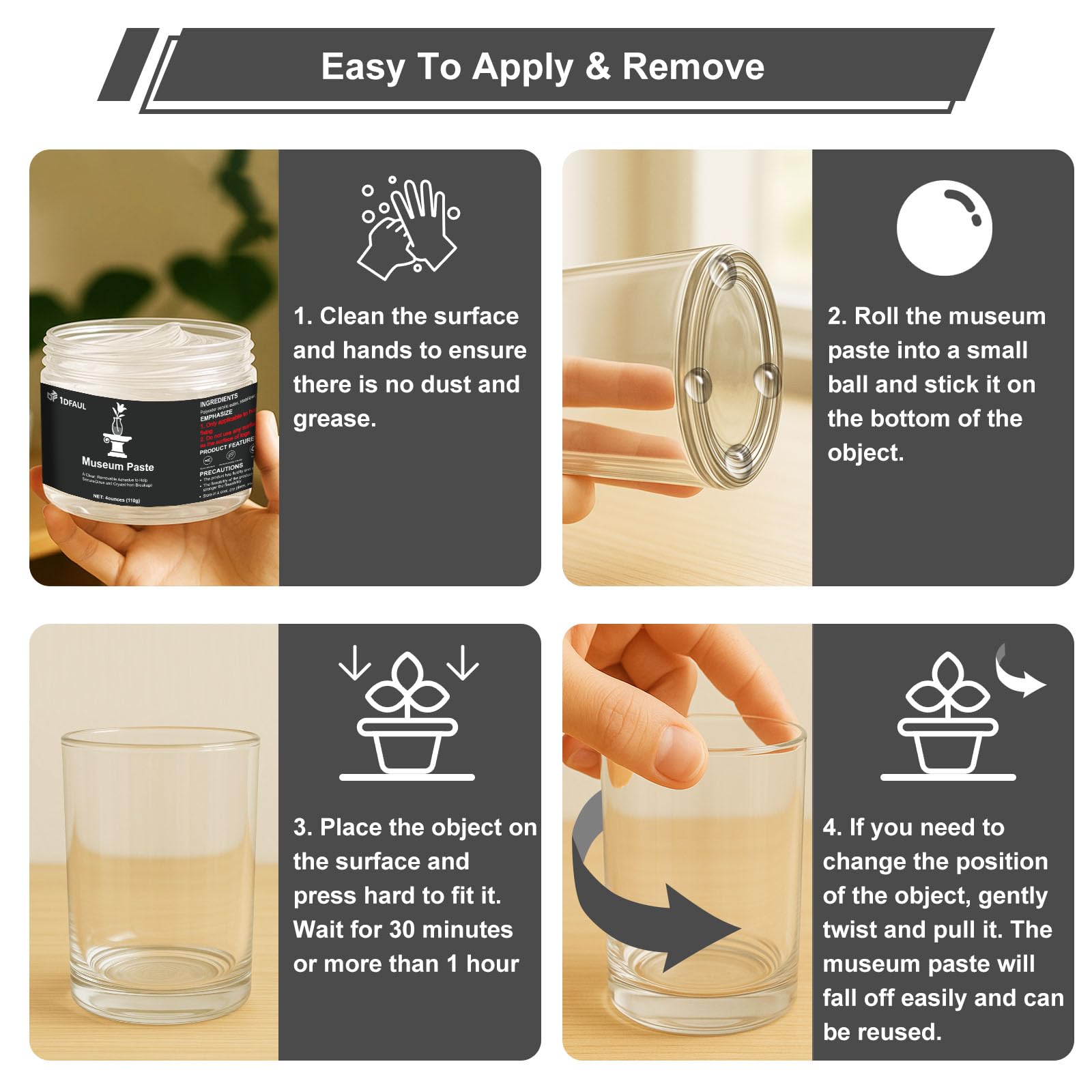 1DFAUL 110g Exhibits Gel for Museum, Removable Clear Museum Paste Putty Wax, Reusable & No Residue, Fixed Collection Artifacts and Decorations to Prevent Vibration, Falling