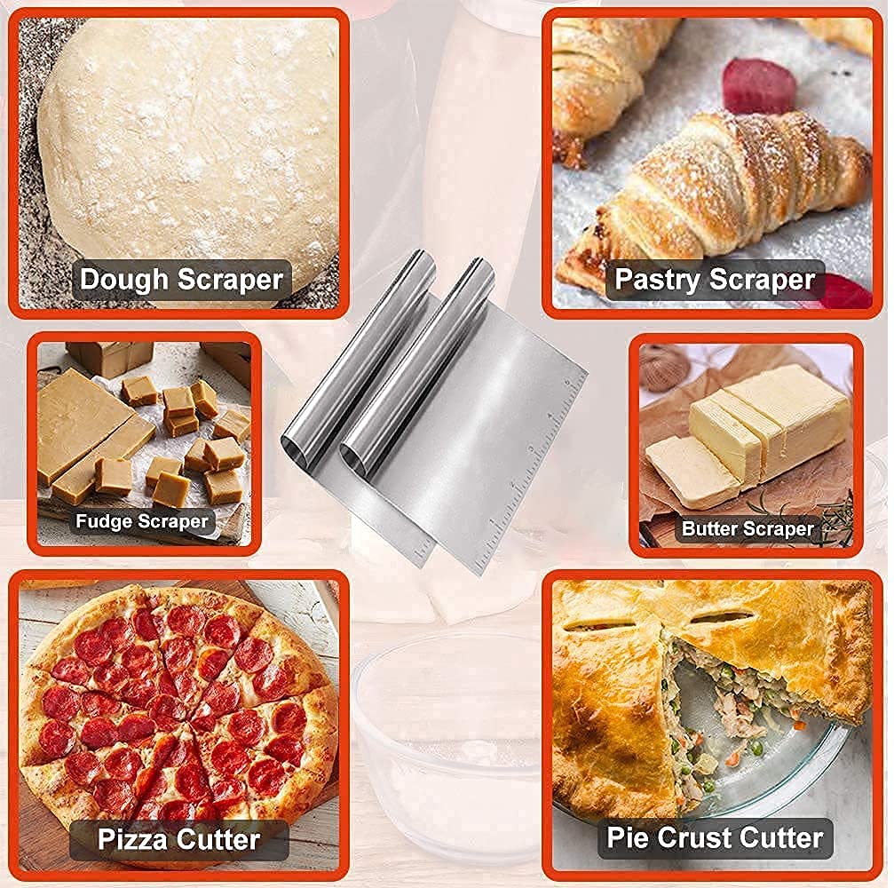 2 Pack Dough Scraper, Stainless Steel Bench Scraper for Baking, Multi-Purpose, Dishwasher Safe, with Measuring Scale, Cut Dough Bread Pastry Pizza Vegetables