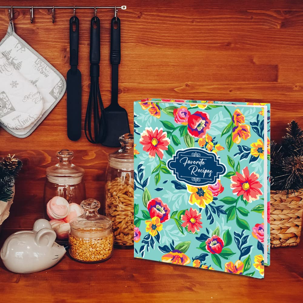 KiDEPOCH Recipe Binder Kit, 8.5 x 11 inch, 3 Ring Binder with 50 Plastic Sleeves, 100 Recipe Cards, 8 Dividers, Watercolor Floral Blue Design (XL)