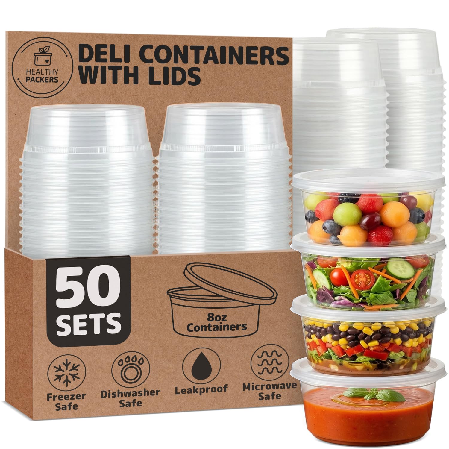 Healthy Packers® 8oz Food Storage Containers with Airtight Lids - Clear Plastic Food Storage Jars - BPA Free | Leakproof - Microwaveable - Reusable - Dishwasher & Freezer Safe (50 pack)