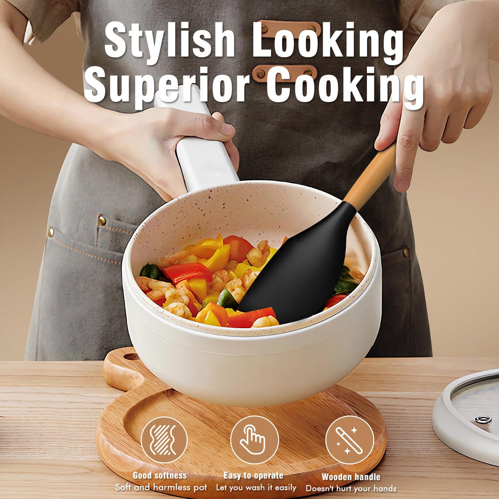 Silicone Cooking Utensils Set - Silicone Kitchen Utensils for Cooking Wooden Handles, 446°F Heat Resistant Kitchen Utensil Spatula Sets w Holder, Gadgets for Non-Stick Cookware BPA Free (Black)