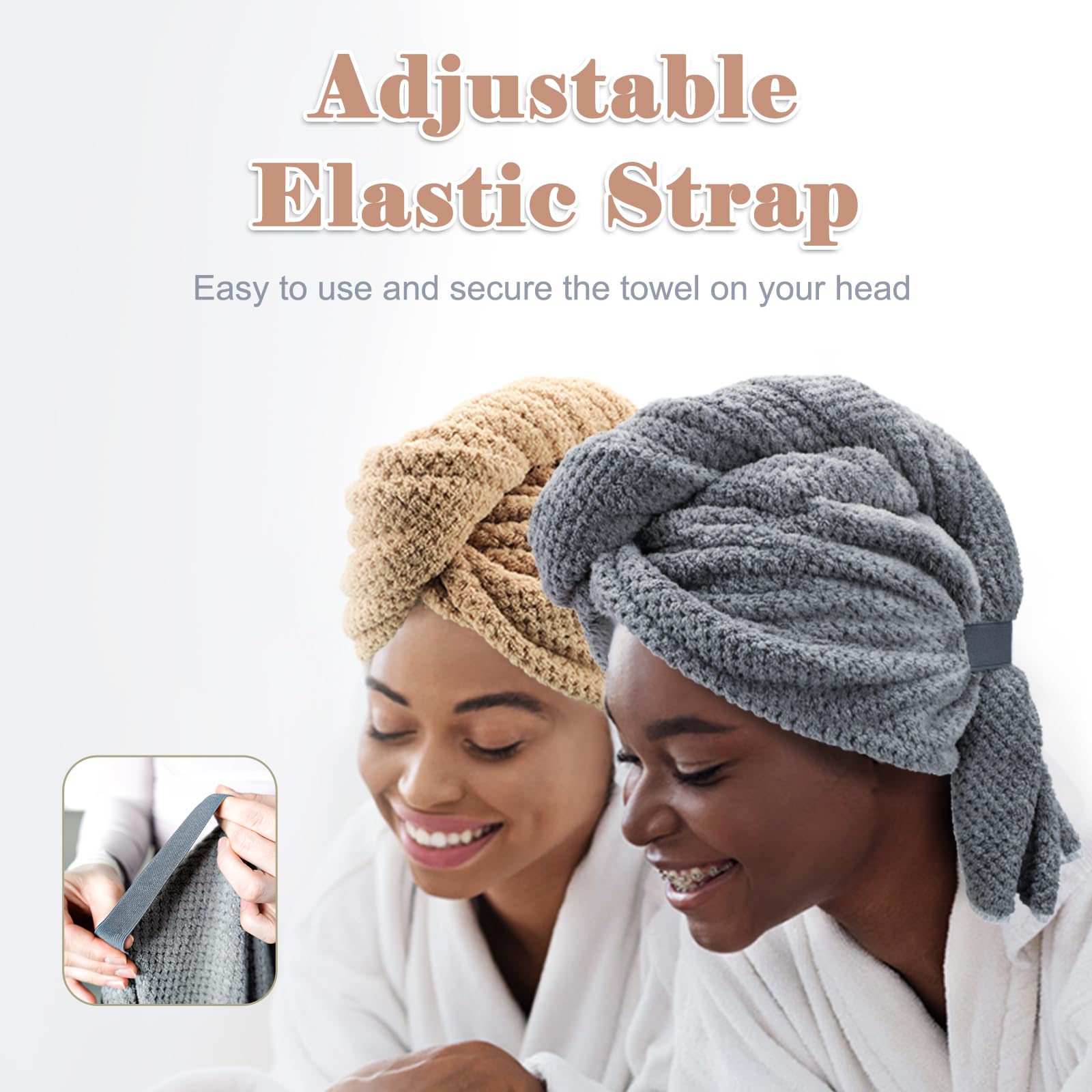 FREATECH 2-Pack Large Microfibre Hair Towel Wrap for Women, 86 x 26 cm Thicken Super Absorbent Hair Turbans, Anti-frizz Hair Drying Towel with Elastic Band for Wet Long Thick Curly Plopping Hair