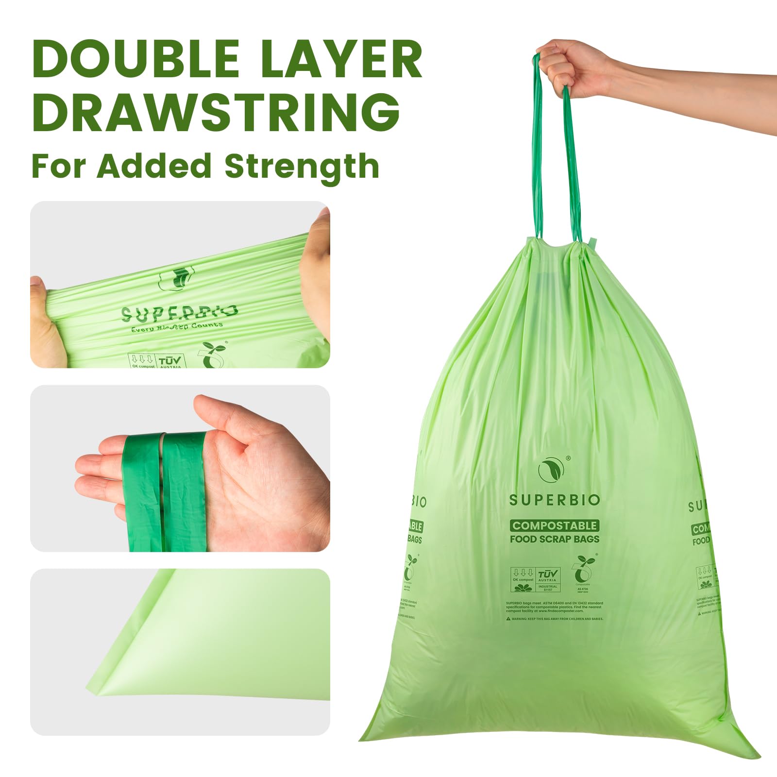SUPERBIO Compostable Drawstring Kitchen Waste Bag, 49.2 L, 30 Count,1 Mil, Heavy Duty Food Scrap Bags, BPI, Seedling and OK compost INDUSTRIAL