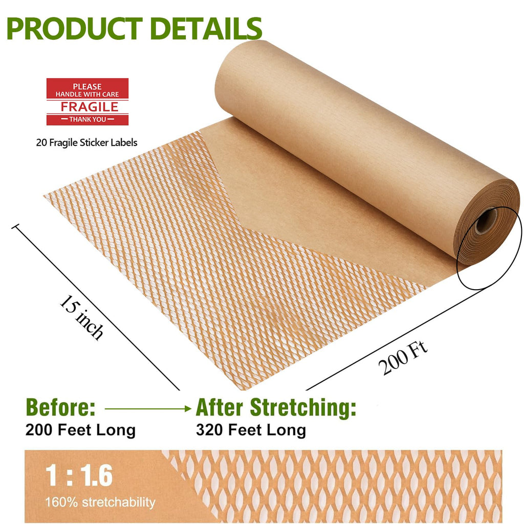 Honeycomb Packing Paper Wrap 15"x200' Sustainable Alternative to Bubble Cushioning Wrap for Moving/shipping/packing Roll with 20 Fragile Sticker Biodegradable & Fully Recylable