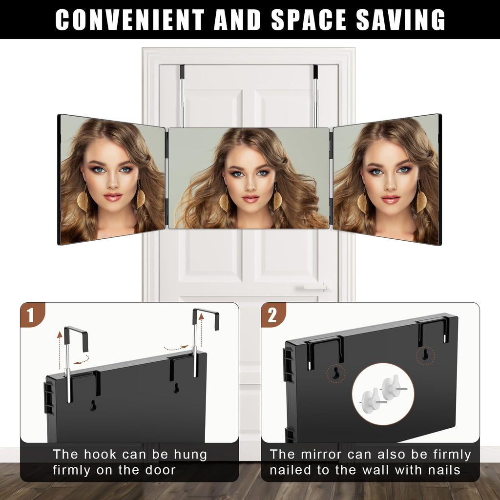 OLIBUY 3 Way Mirror for Hair Cutting, Tri-fold Mirror for Shaving, Haircutting, Braiding, Hair Styling and Makeup with Height Adjustable Hooks, Ideal Gift for Men or Women