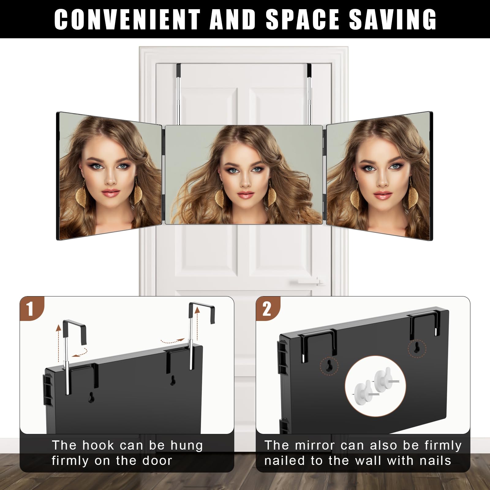 OLIBUY 3 Way Mirror for Hair Cutting, Tri-fold Mirror for Shaving, Haircutting, Braiding, Hair Styling and Makeup with Height Adjustable Hooks, Ideal Gift for Men or Women