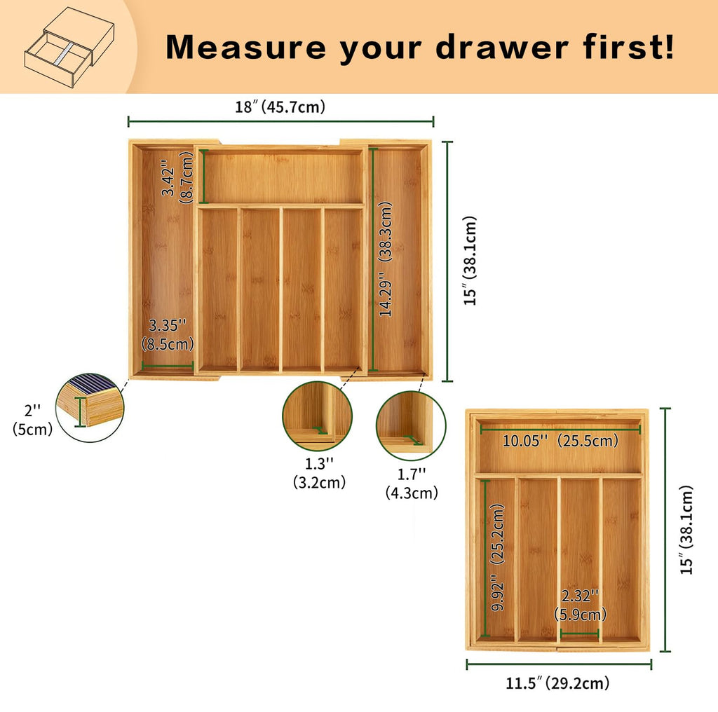 SafeHouseware Bamboo Expandable Cutlery Organizer Tray: Holds Silverware, Flatware, Utensils, Cutlery, Accessories or Gadgets Size:11.5" - 18" W X 15"d X 2" H