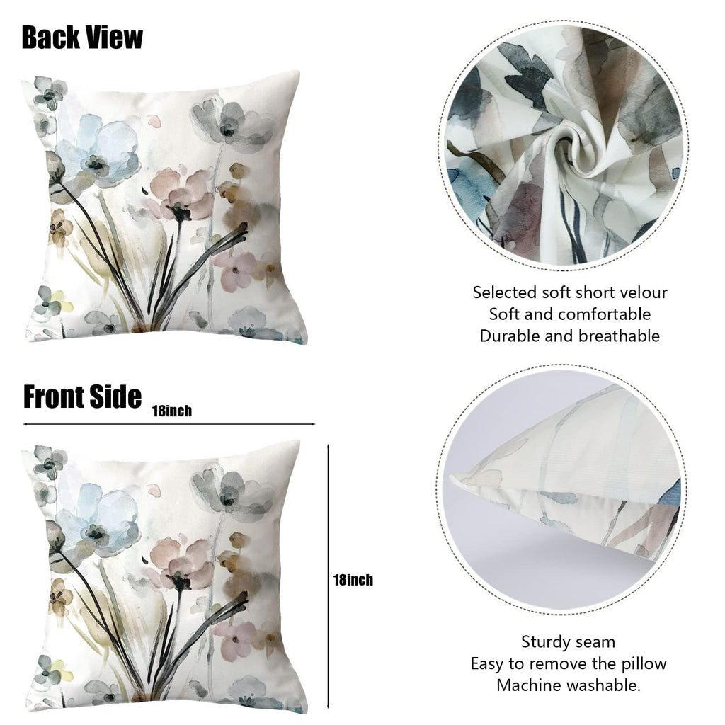 4 Pack Throw Pillow Covers 18 x 18 Inch, Decorative Pillow Covers, Double Sided Printing Soft Short Velour Cushion Covers, Flower Outdoor Home Decor for Couch Sofa Chair Bedroom Car, 45 x 45 cm