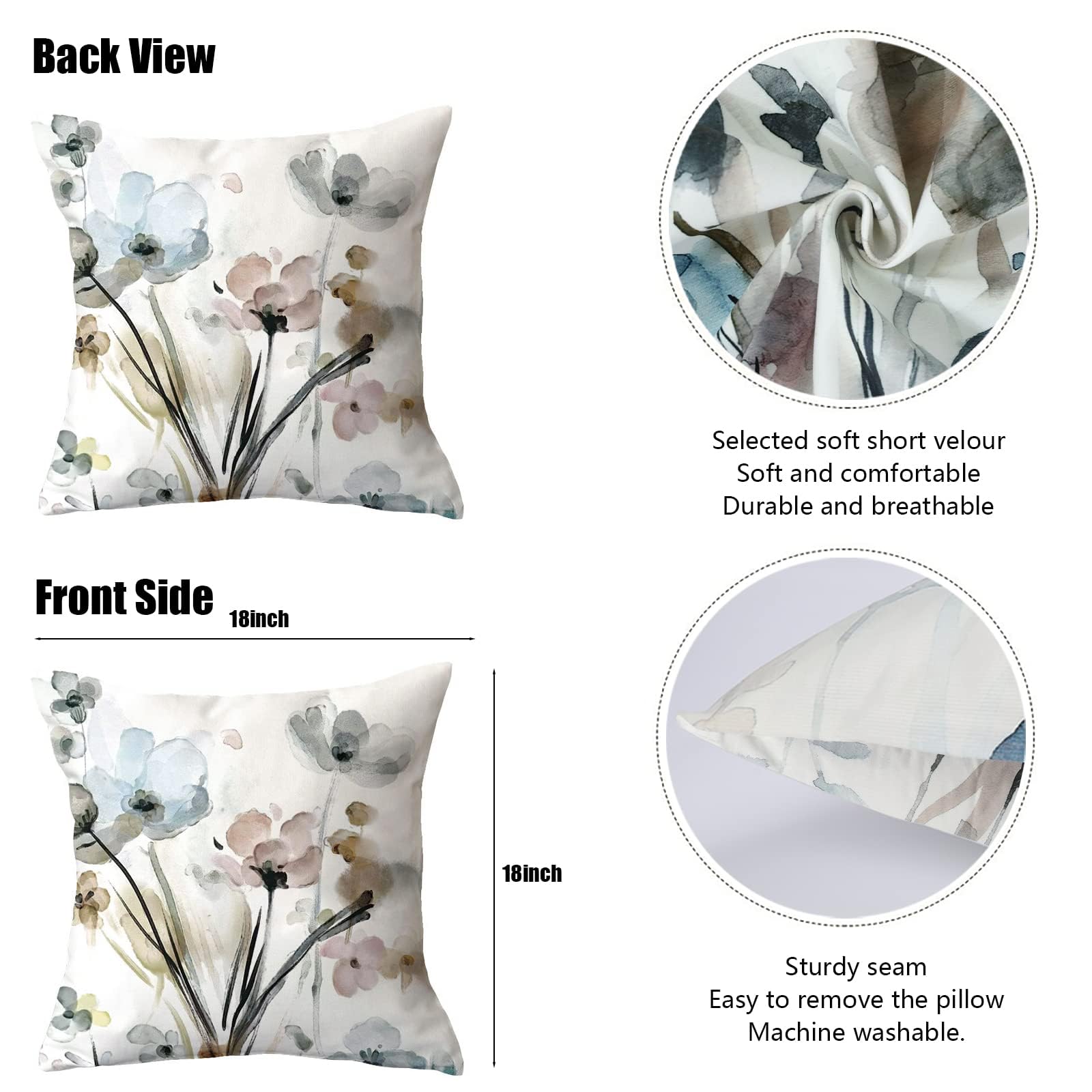 4 Pack Throw Pillow Covers 18 x 18 Inch, Decorative Pillow Covers, Double Sided Printing Soft Short Velour Cushion Covers, Flower Outdoor Home Decor for Couch Sofa Chair Bedroom Car, 45 x 45 cm