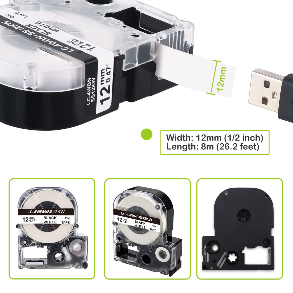 Absonic 5-Pack Compatible Label Tape Replacement for LK-4WBN LC-4WBN LC 4WBN9 SS12KW 12mm 0.47" Black on White Label Tape Work for Epson LabelWorks LW300 LW400 LW500 LW700 LWPX300 Label Maker