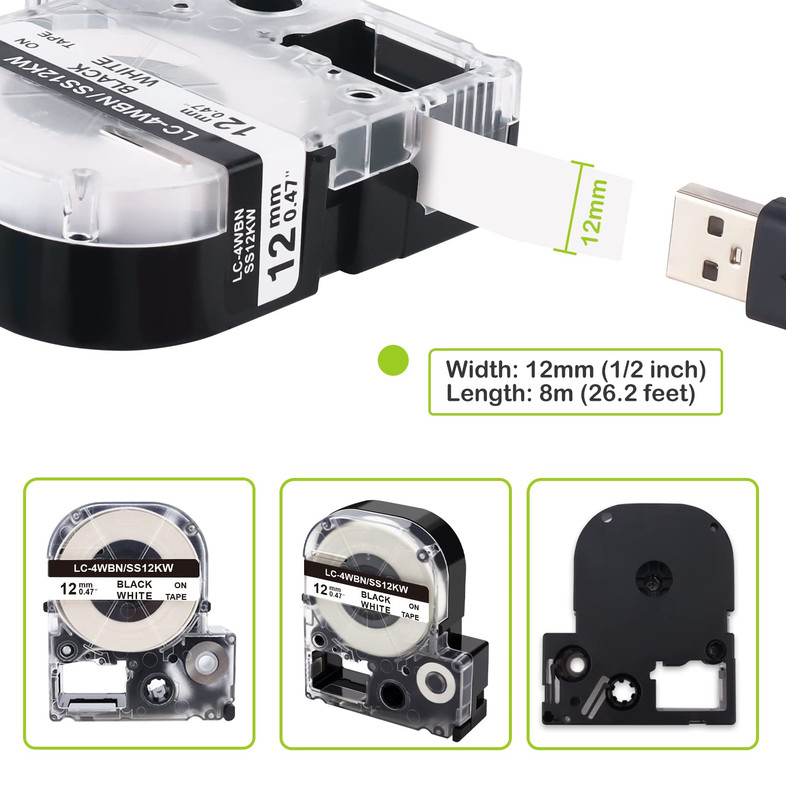 Absonic 5-Pack Compatible Label Tape Replacement for LK-4WBN LC-4WBN LC 4WBN9 SS12KW 12mm 0.47" Black on White Label Tape Work for Epson LabelWorks LW300 LW400 LW500 LW700 LWPX300 Label Maker