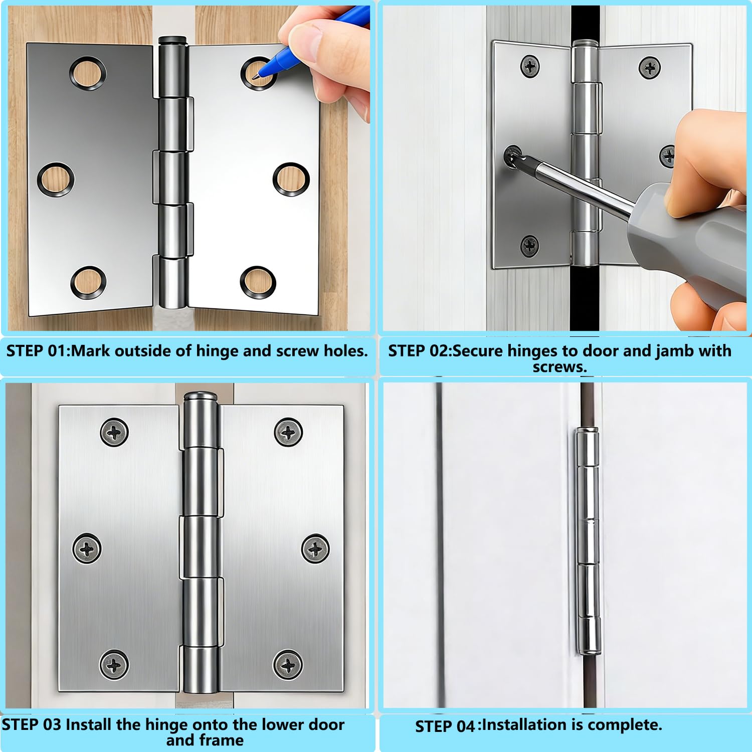 Brushed Nickle Door Hinges,6 Pack Exterior Hinges Doors,3x3 Inch Silver Interior Hinge Doors with Square Corners Durable Steel Hinge Door Hardware