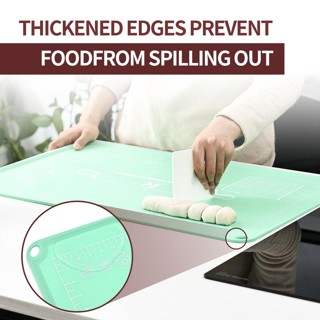 Silicone Baking Mat, Extra Thick Dough Rolling Pad with Measurements and Edge Heightening, Non-Stick Food Grade Silicone Pastry Mat for for Pastry, Bread, Cookies (Matcha Green Edge Up, 20x28 Inch)