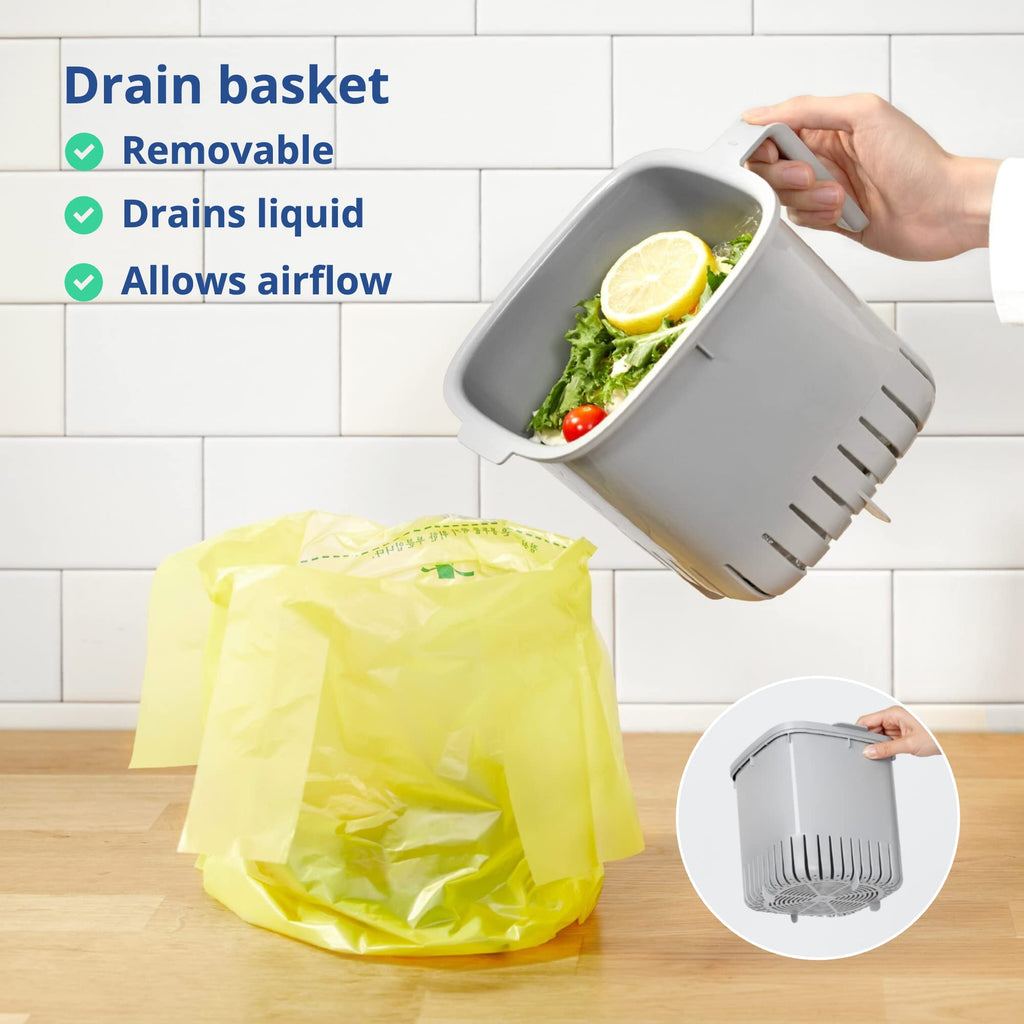 Blue Ginkgo Kitchen Compost Bin – Small [2.6L / 0.69 GAL] – Filter-Free, Odor-Tight Countertop Food Waste Pail with Handles (Made in Korea, Grey)