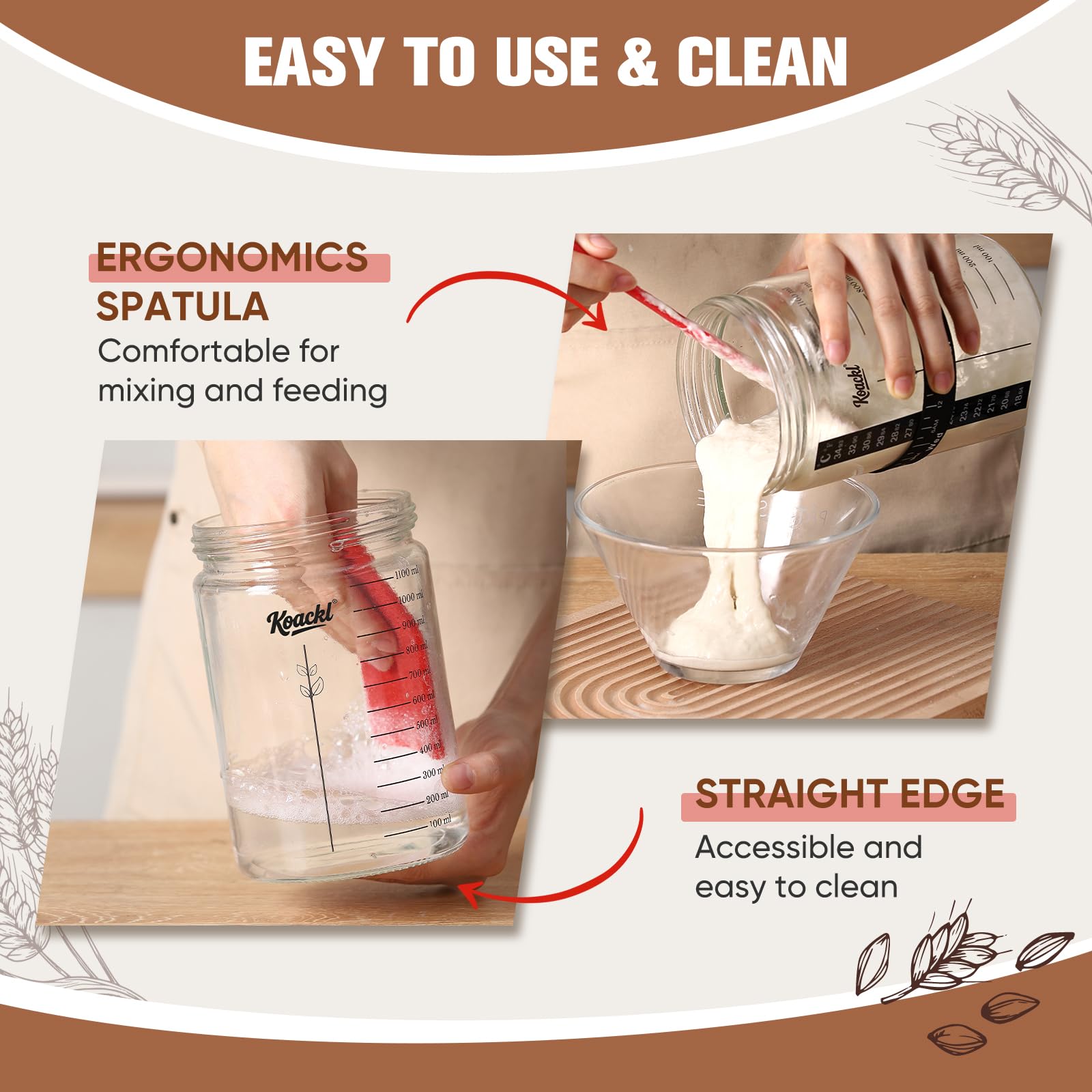 KOACKL Sourdough Starter Jar, 40oz/1200ml Sourdough Starter Kit with Magnetic Bread Lame, Thermometer, Long Scraper, Cloth Cover & Lid for Sourdough Bread Baking Supplies