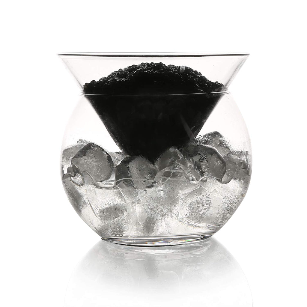DUEBEL Glass Caviar Chiller Server Set Plus 2 pcs. x Mother of Pearl Caviar Spoon 3.15" - Universal Martini, Wine, Liquor Cocktail Chiller