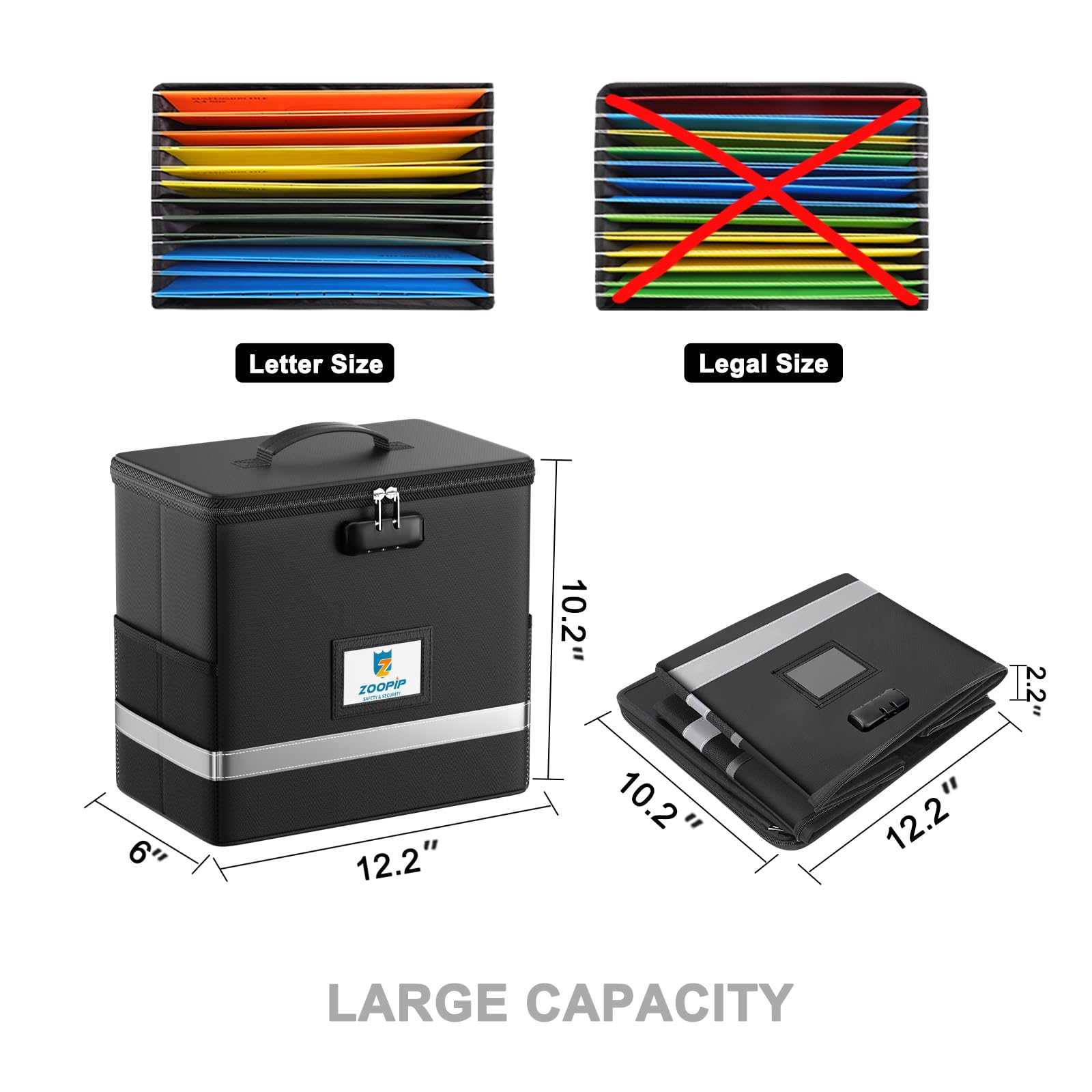ZOOPIP Fireproof File Box with Lock, Document Box Storage Organizer, Suitable for Hanging File Folders in Letter Size, Collapsible File Box, Reflective Strip for Fast Find (Small, Black)