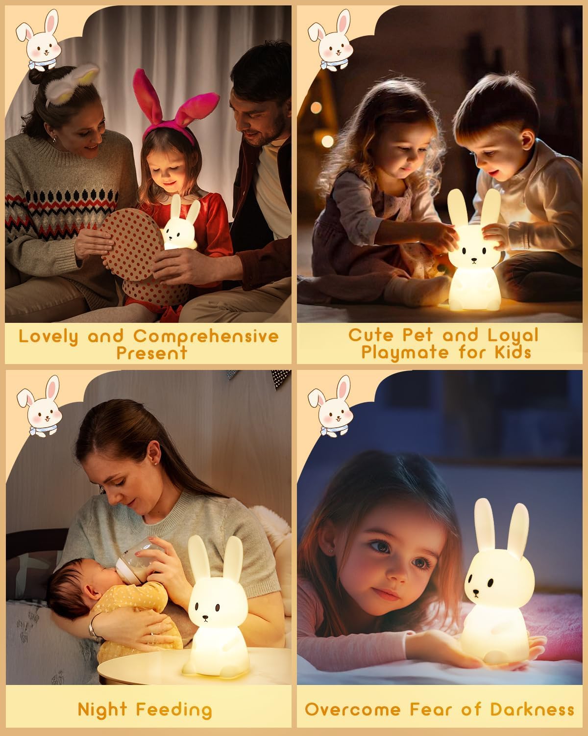 OPDOS Bunny Night Light for Kids Room, 7 Color Changing LED Portable Touch Lamp with Timer, USB Rechargeable Silicone Rabbit Nightlight for Baby Children Nursery Toddler Girl Kawaii Birthday Gift