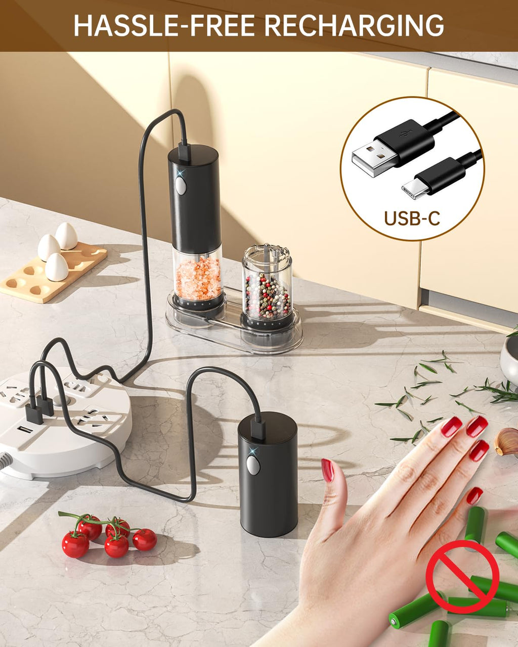 CIRCLE JOY Electric Salt and Pepper Grinder Set with 6 Levels External Adjustable Coarseness, Dustproof Storage Base, Automatic Pepper Mill Shakers Set for Kitchen, White LED Light, Black