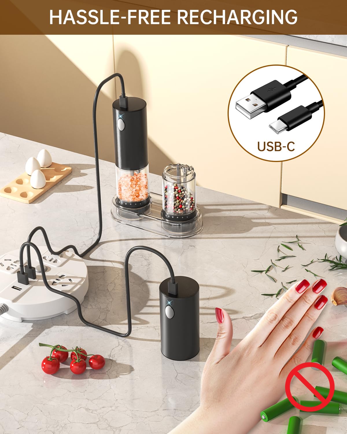 CIRCLE JOY Electric Salt and Pepper Grinder Set with 6 Levels External Adjustable Coarseness, Dustproof Storage Base, Automatic Pepper Mill Shakers Set for Kitchen, White LED Light, Black