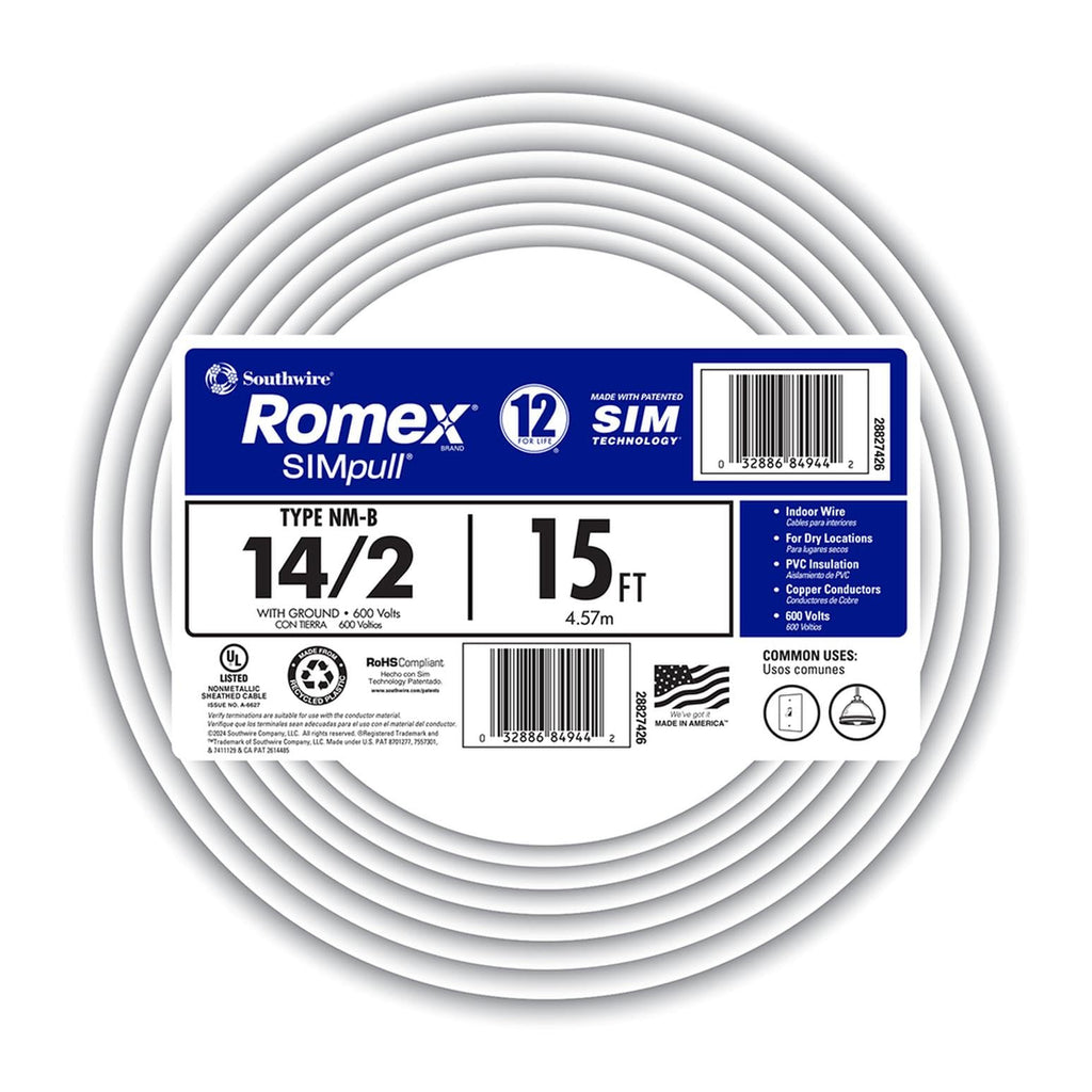 Southwire Romex Brand Simpull Solid Indoor 14/2 W/G NMB Cable 15ft Coil - SW# 28827426