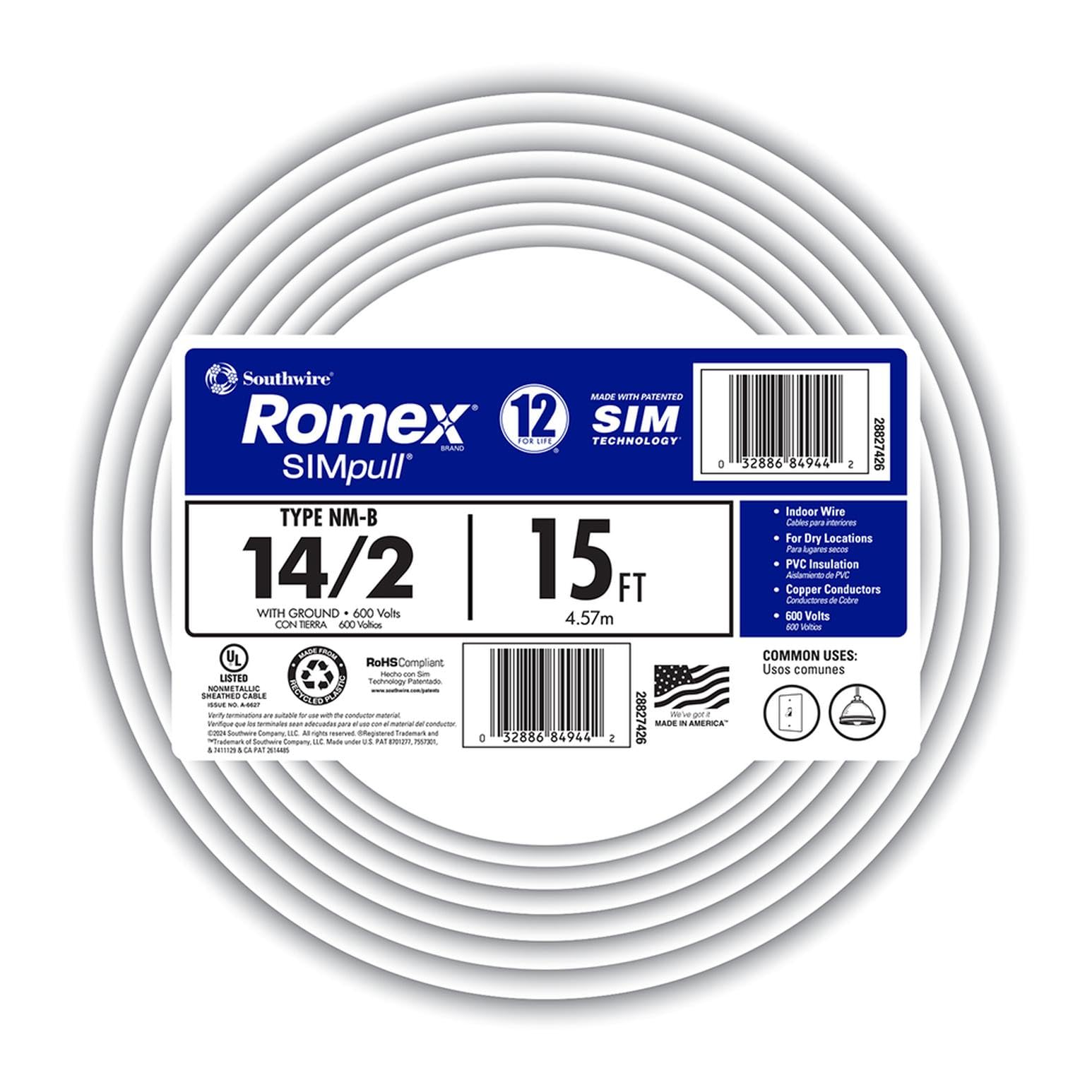 Southwire Romex Brand Simpull Solid Indoor 14/2 W/G NMB Cable 15ft Coil - SW# 28827426