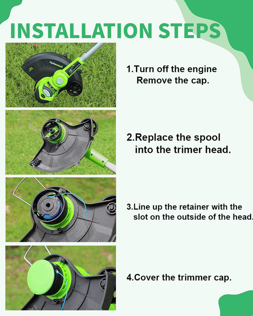 Eyoloty 29092 29252 String Trimmer Line Replacement 16ft 0.065” for Greenworks 21302 21332 21342 20V 24V 40V Single Line String Trimmer with 3411546A-6 Cap Covers Parts Auto-Feed String Edger (6+1)