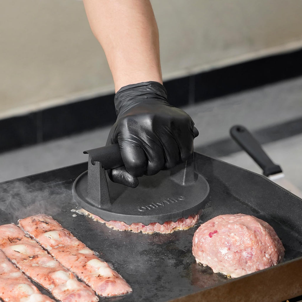 onlyfire Cast Iron Burger Press, Φ15cm Round Smash Burger Press with Heat Resistant Handle for Griddle and BBQ, Heavy-Duty Grill Press for Burger, Steak, Sandwich, Bacon