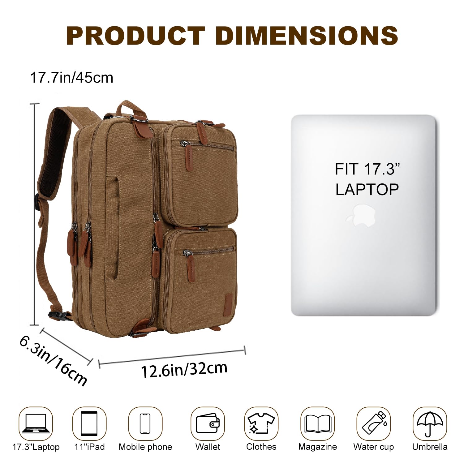 Koolehaoda 3 in 1 Convertible Briefcase Backpack 17.3 inch Laptop Backpack Case Messenger Bag for Men, Multi-Functional Computer Bag for Travel Bussiness Men Women (Coffee)