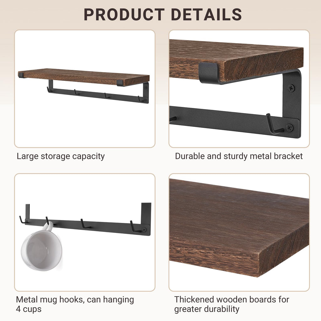 Dahey Mug Holder Wall Mounted Mug Rack with Hooks, Set of 2, Storage Rustic Floating Shelf Coffee Bar Accessories Wood Coffee Cup Hanger for Organizing Cooking Utensil Home Kitchen Decor, Brown