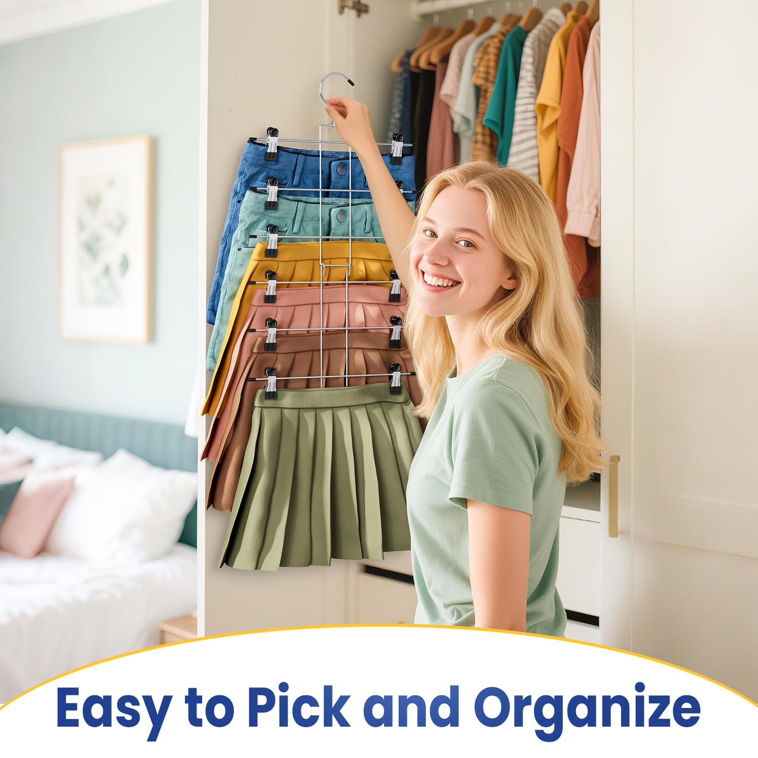 DAMITA Skirt Pants Hangers with Clips Space Saving Hanging Closet Organizer 6 Tiers Hanger with 360° Swivel Hook, Finger-Safe Design- College Dorm Room Apartment Essentials 2-Pack