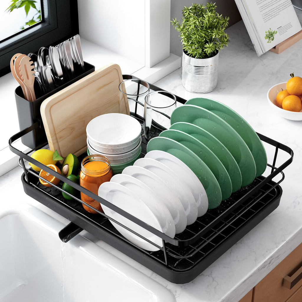 Kitsure Dish Drying Rack - Space-Saving Kitchen Counter Organizer with Cutlery Holder, Over Sink Stainless Steel Dish Rack, 29 x 38cm, Black