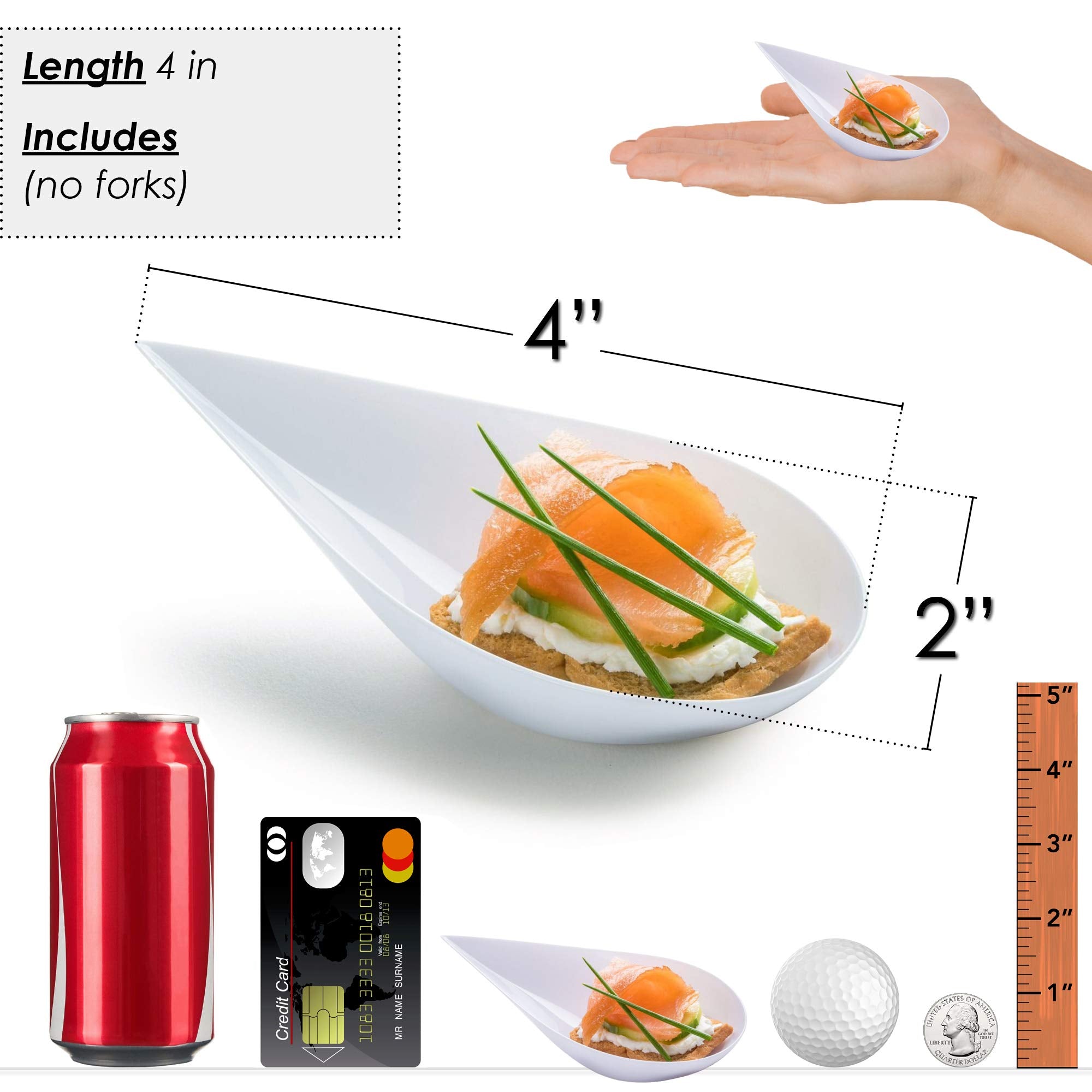 DLux 100 4-in Tear Drop Mini Appetizer Plates, Reusable White Plastic Spoons - Desserts and Appetizers Dishes Serving Plate - Asian Spoon Set, Small Catering Dessert Tasting Cups - with Recipe Ebook