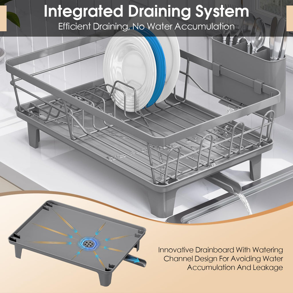Urackify Dish Drying Rack - Large Dish Rack with Drainboard for Kitchen Counter, Stainless Steel Dish Drainer Fits Most Kitchen Sinks, Gray