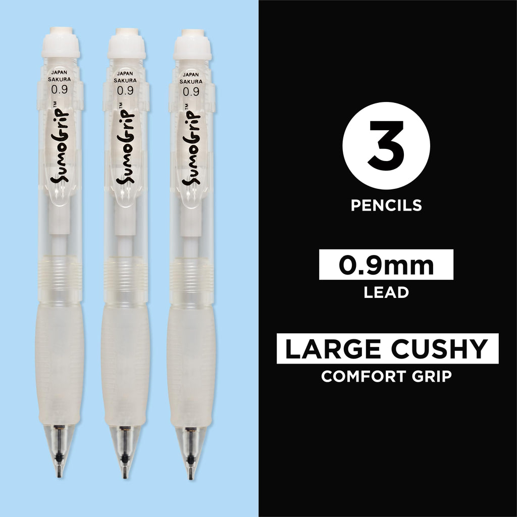 Sakura SumoGrip Pencil with Comfort Grip - 0.9 mm Ergonomic Mechanical Pencil - Clear - 3 Pack