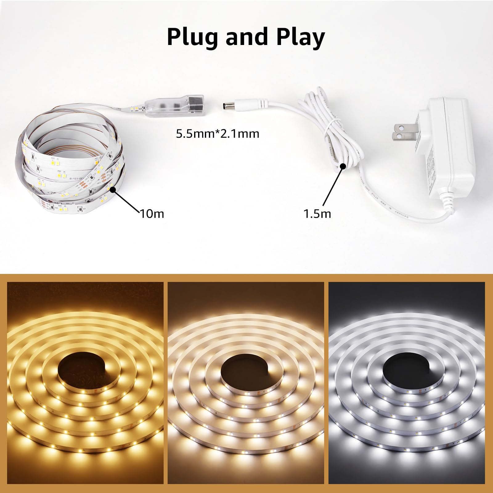 Lepro LED Strip Lights, 32.8ft Dimmable Light Strip, 3000-6000K Tunable White,600 LEDs SMD 2835 LED Tape Light for Bedroom Home Kitchen, Non-Waterproof
